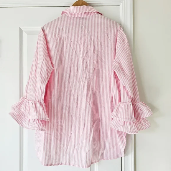 Italian 100% Cotton By Coco Pink White Striped Ruffle Button Up Shirt Size L/XXL - Picture 7 of 15